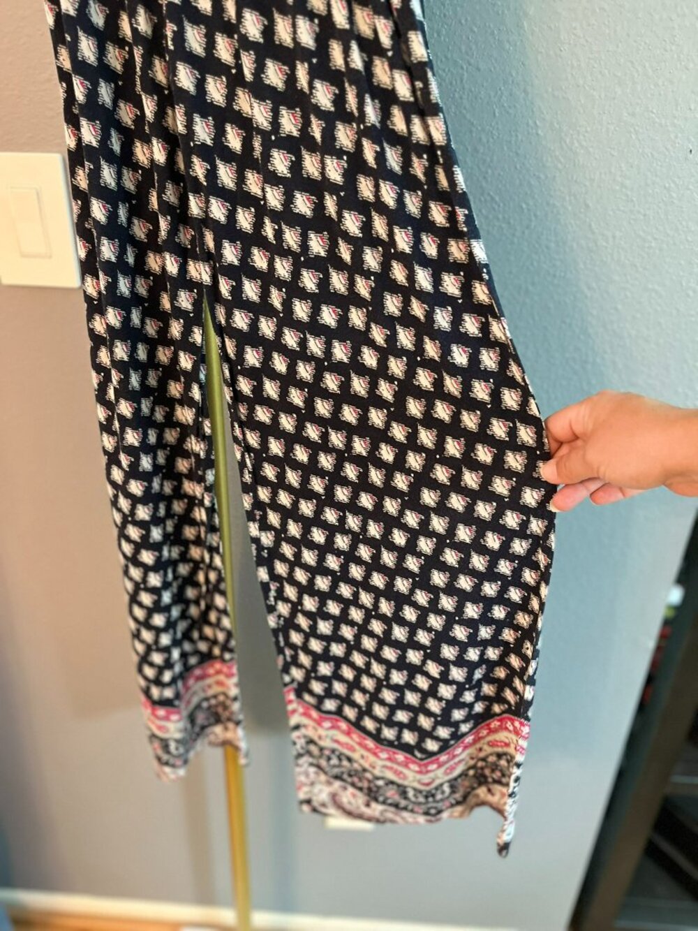 Mossimo Boho Smocked High Waist Wide Leg Flare Pants Navy Pink Print Size Small